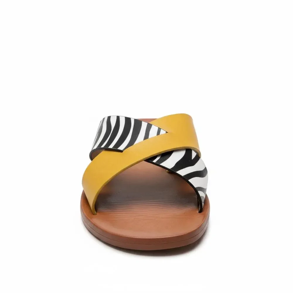 Zebra Print Cross-Strap Flat Slide Sandals in Mustard Yellow